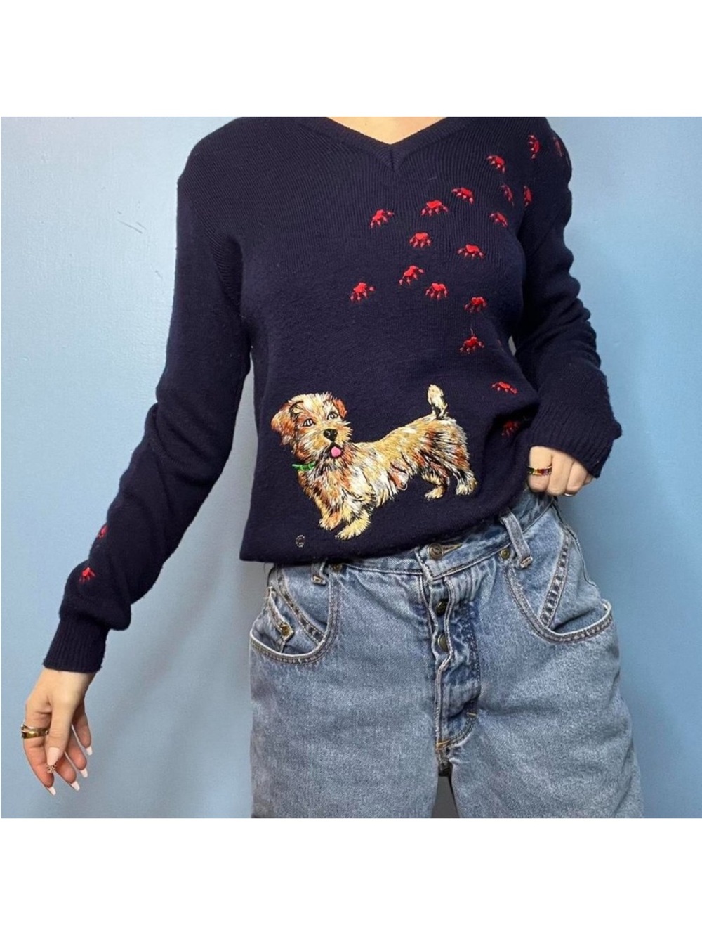 VINTAGE EMBROIDERED DOUBLE SIDED KNIT DOG WITH PAINT KNIT V NECK SWEATER